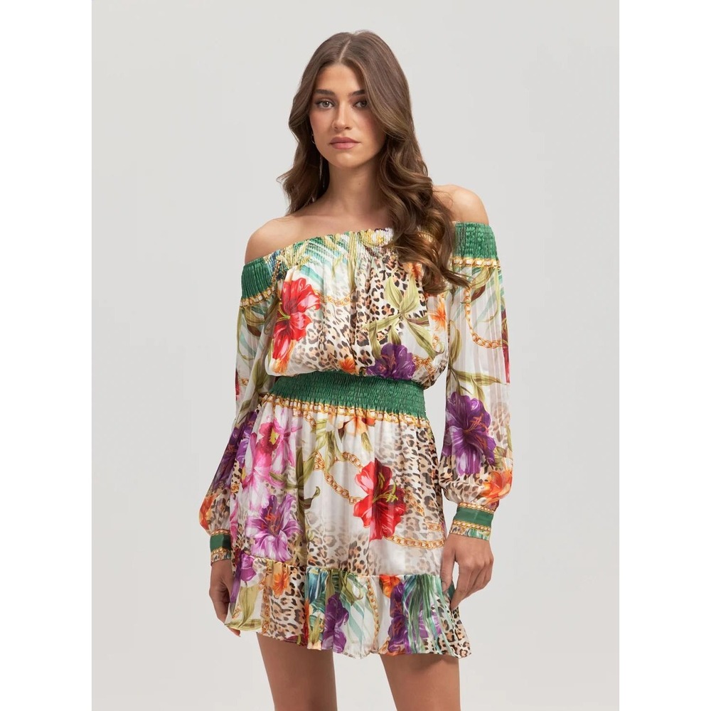Guess Green jungle print charlotte mini dress large Floral Leopard Smocked Waist
